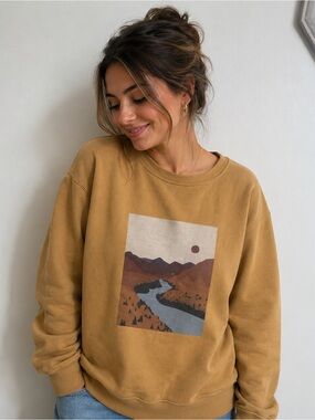 Figs Mustard Crewneck Sweatshirt with Scenic Print medium